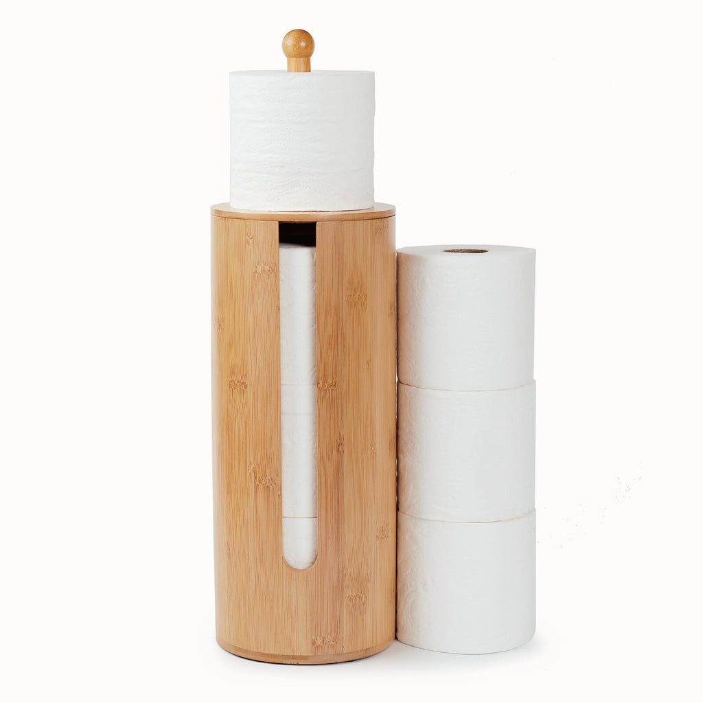 Gobam Bamboo Toilet Paper Storage with Dual-Use Lid, Freestanding Bathroom Tissue Organizer with Viewing Slot, Built-In Handle, Anti-Slip Base, Compact Toilet Paper Holder Stand for up to 3 Mega Rolls