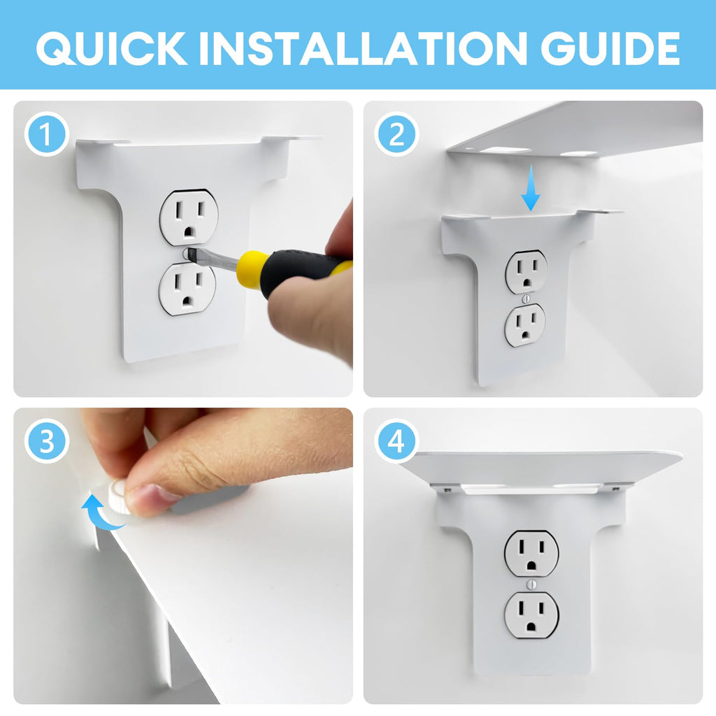 Metal Outlet Shelf Wall Holder for Duplex (Round) Outlets - Bathroom & Kitchen Organizer with Cord Storage, Quick Install for Smart Home Toothbrush Holder Holds Smart Speaker Cell Phone