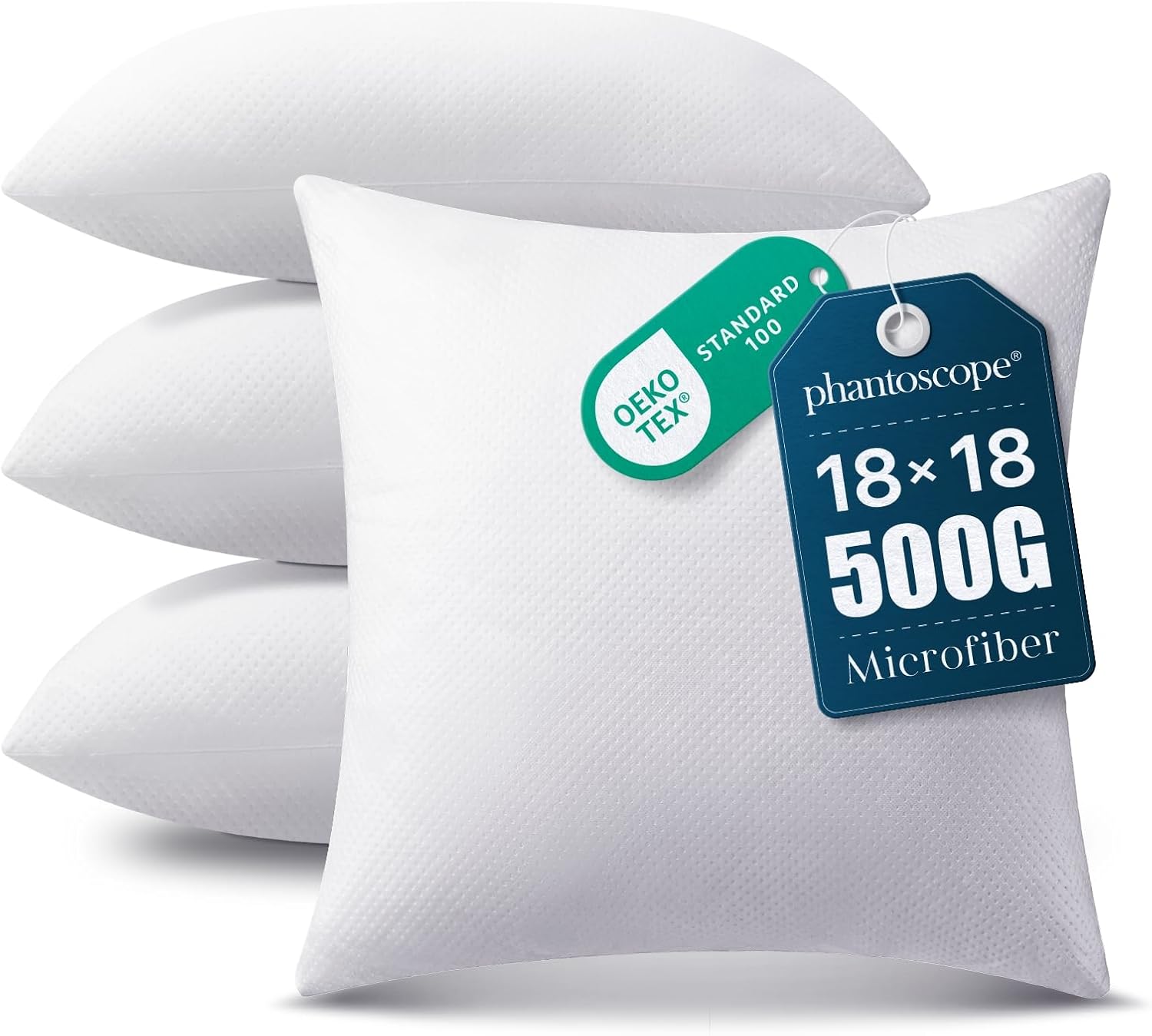 Phantoscope Pillow Inserts - Hypoallergenic 100% Virgin Fiber Microfiber Throw Pillows | 18x18 Inch (Pack of 4)