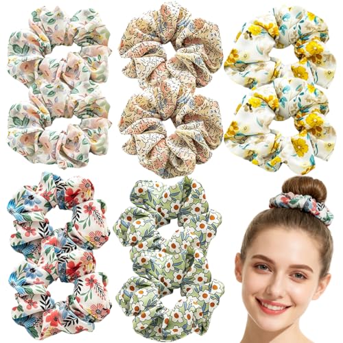 Floral Hair Scrunchies 10 Pack Vintage Chiffon Hair Ties for Women