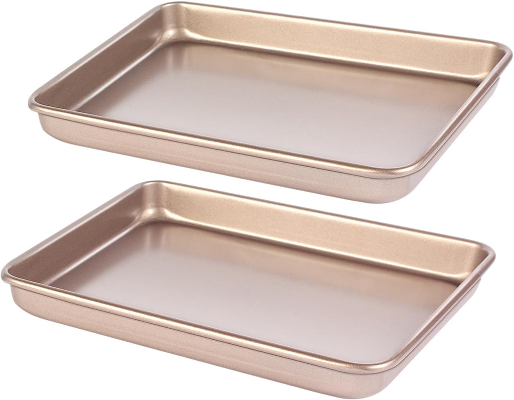 Small Cookie Sheet Pan 9x11 Inch - Nonstick Baking Tray 2-Pack | Heavy Duty Carbon Steel, Gold Finish