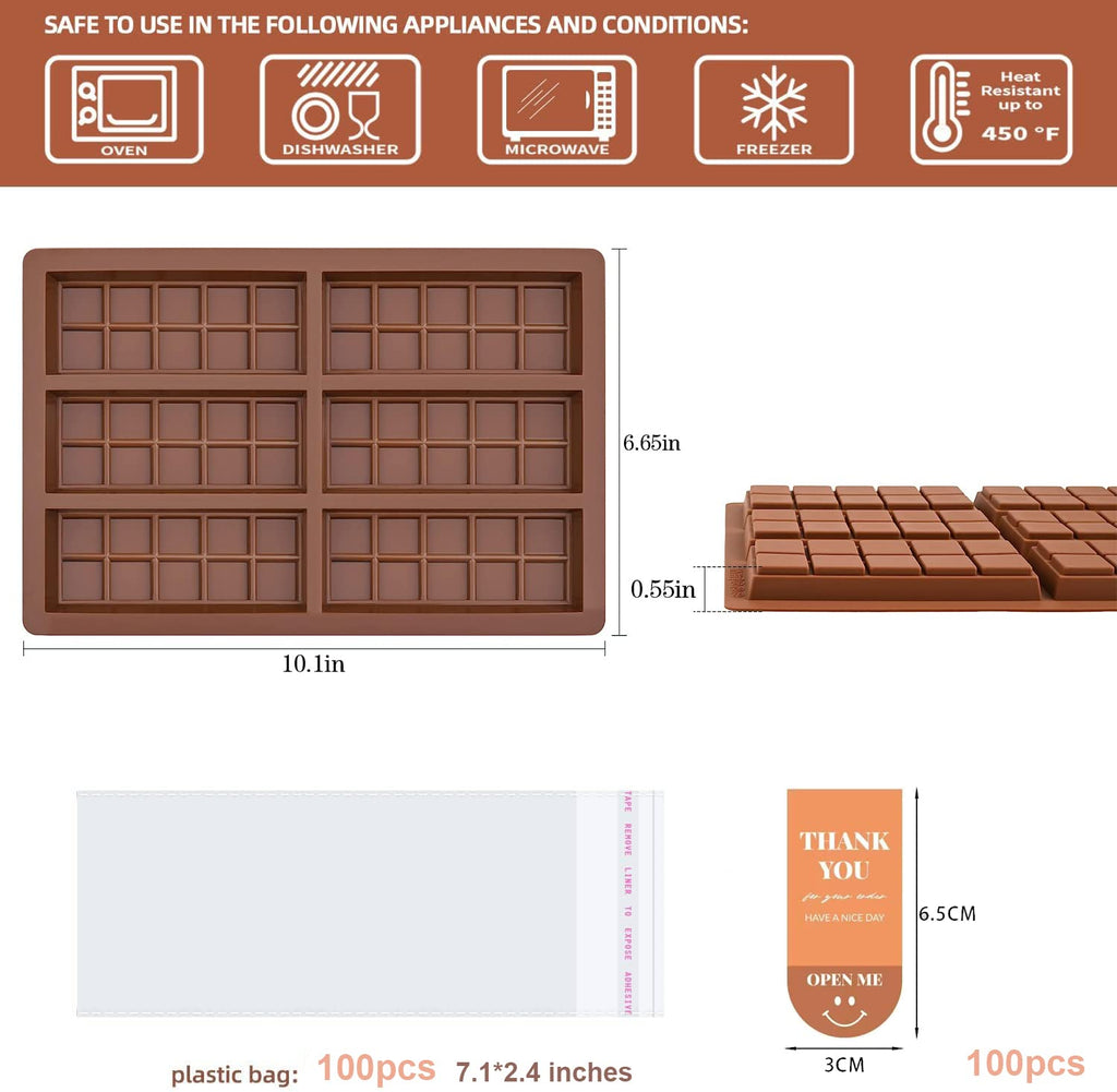 6 Cavities Chocolate Bar Mold Deep with 100pcs Storage Bags and 100pcs Stickers, Non-Stick Rectangle Wax Melt Silicone Molds for DIY Chocolate Molds Gift (6 Cell 10 Section)