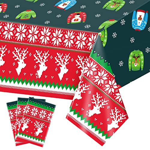 3 Pack Christmas Ugly Sweater Tablecloths - Plastic Disposable Holiday Decor
