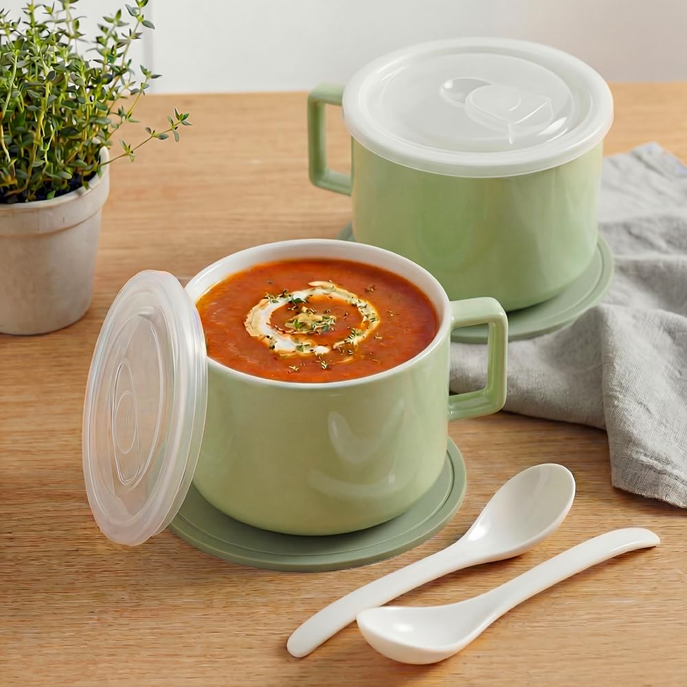 Presva Ceramic Soup Bowls with Handles & Lids, Set of 2 with Spoons & Trivets, 30oz Large Soup Mugs, Oven Safe Bowls for Soup, Ramen, Oatmeal & Cereal, Microwave & Dishwasher Safe, Green