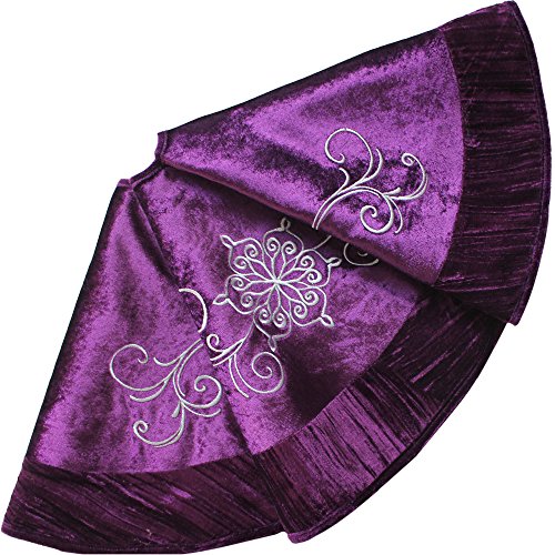50 Inch Velvet Christmas Tree Skirt with Embroidered Flowers and Pleat Border - Purple