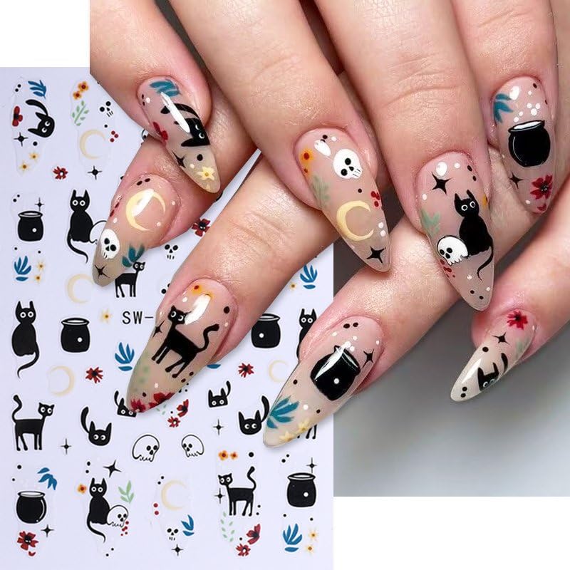 JUNCHAO 3D Embossed Halloween Nail Stickers Black Cat Skeleton Decals