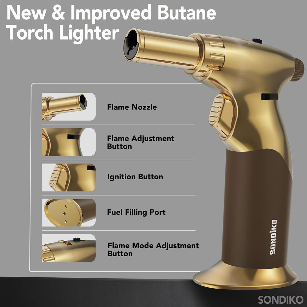 Sondiko Butane Torch Lighter - Dual Style, Adjustable Flame Size, Refillable Blow Torch | Gold Finish