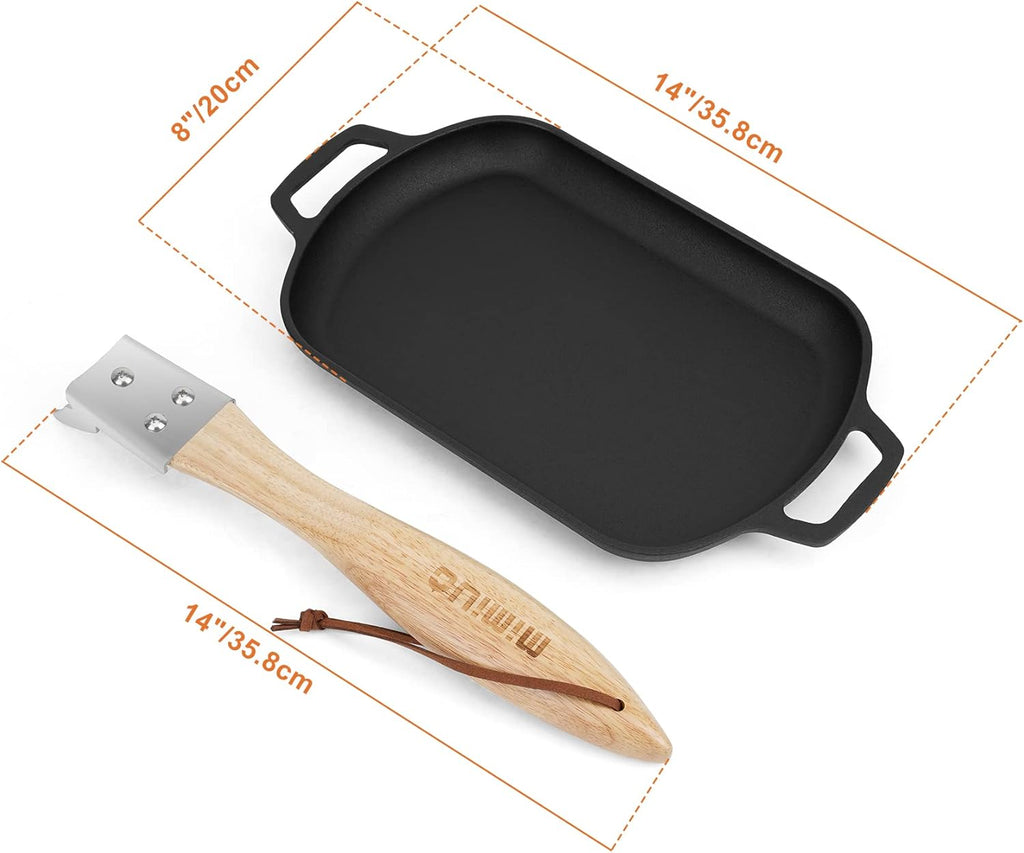 Mimiuo Cast Iron Sizzler Pan - 14 Inch Non-Stick Fajita Skillet for Pizza Oven & Grill | Removable Handle