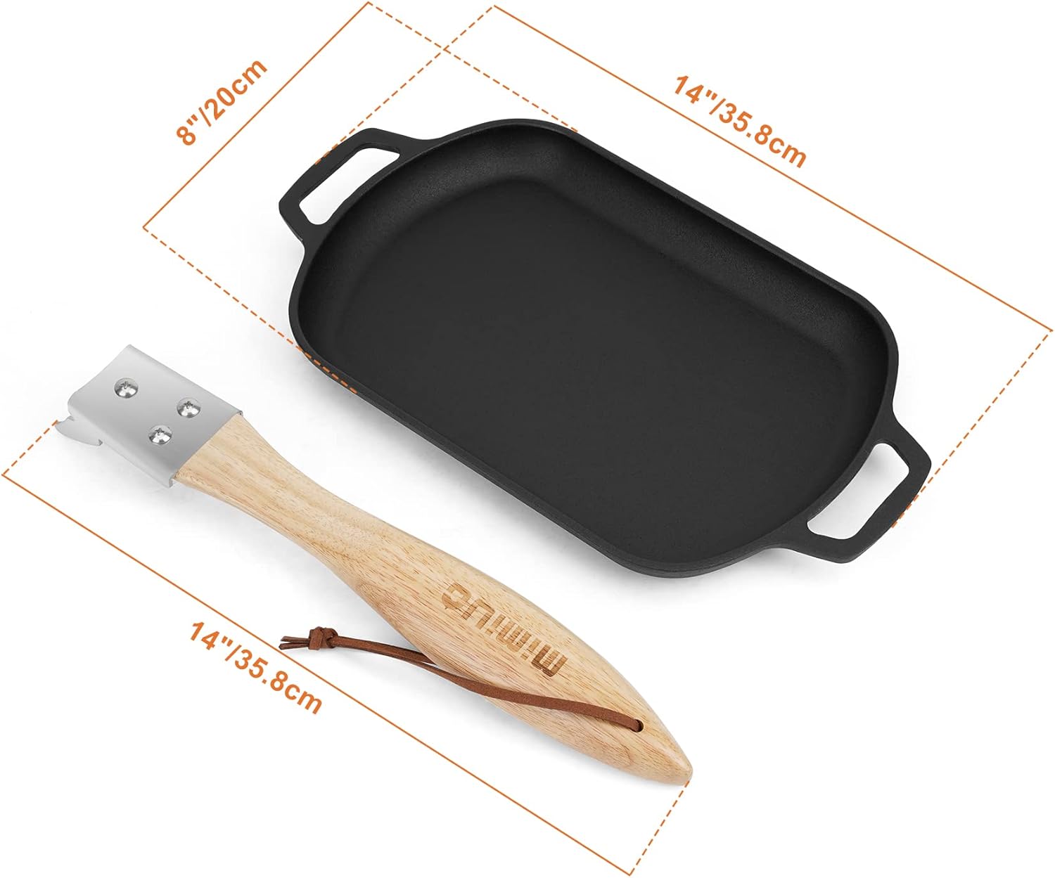 Mimiuo Cast Iron Sizzler Pan - 14 Inch Non-Stick Fajita Skillet for Pizza Oven & Grill | Removable Handle