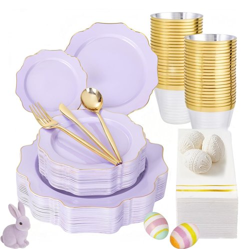 WDF 175Pcs Purple Plates Disposable - Lavender Plastic Plates 25guest Plastic Dinnerware Ideal for Birthday Party/Wedding/Spring/Picnic/Easter