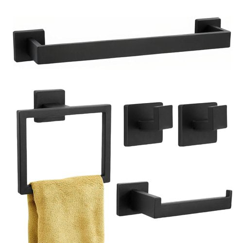 Twirobt 5-Piece Matte Black Bathroom Hardware Accessories Set - 16 Inch Stainless Steel Wall Mounted Towel Rack, Toilet Paper Holder, Towel Ring & 2 Hooks, Bathroom Organizer and Storage