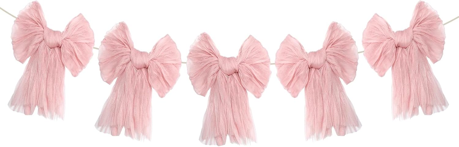 VitalCozy Pink Bow Garland Banner - Elegant Hanging Decorations for Birthday & Baby Showers