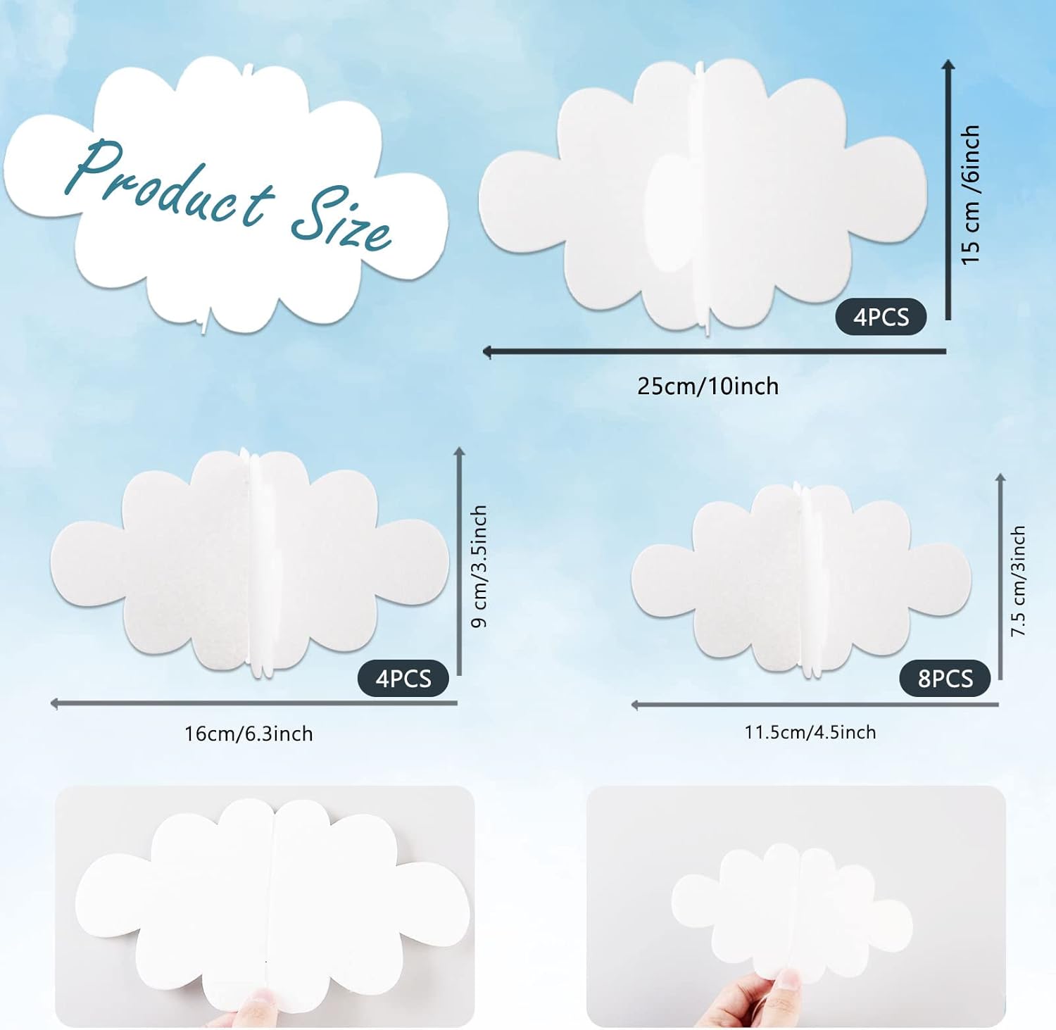 Skiennix 16 Pcs 3D Cloud Decorations - Hanging Artificial Cloud Ornaments for Nursery & Baby Showers