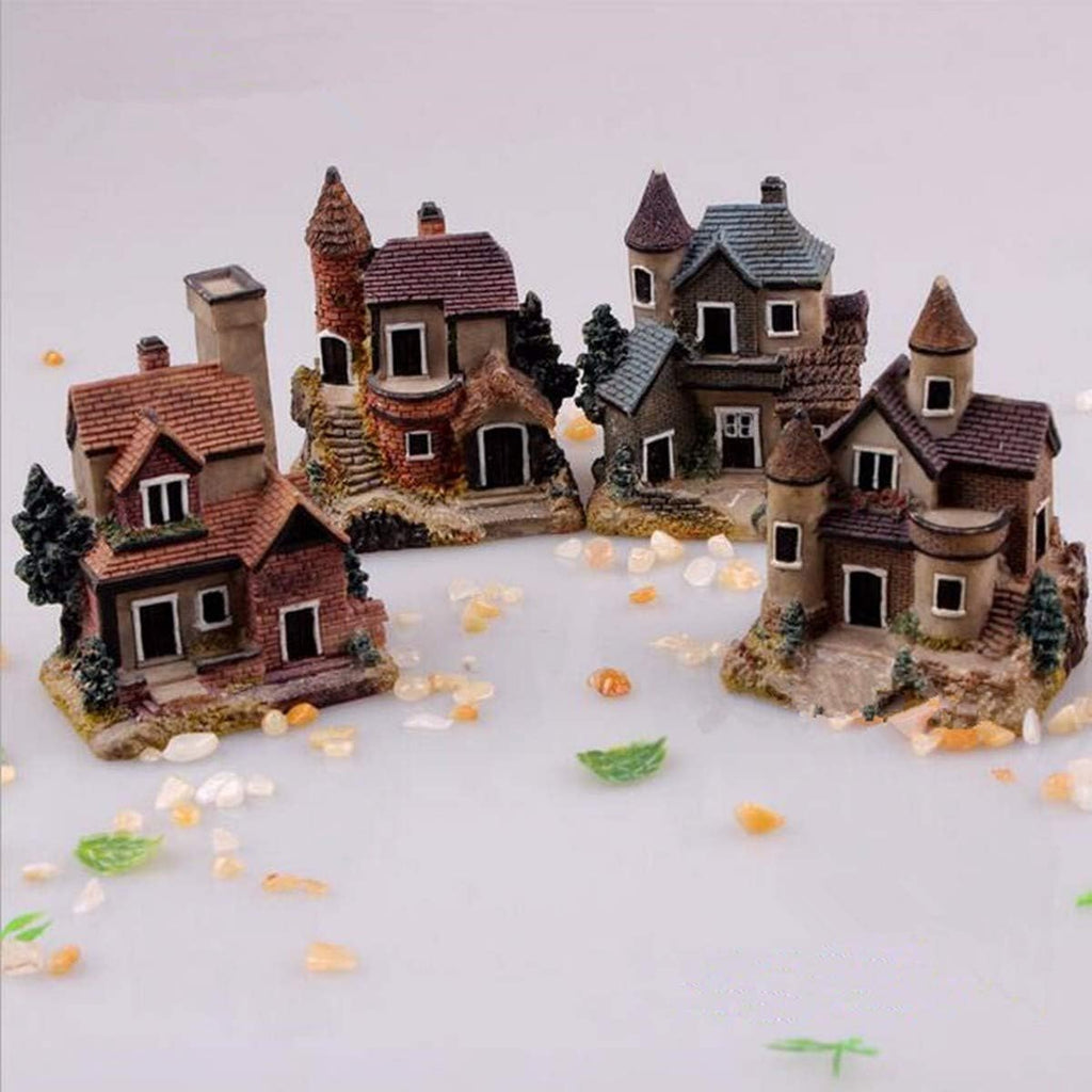 Skiennix Miniature House Fairy Garden Ornaments - 4PCS Resin Stone Village Decor for Terrariums