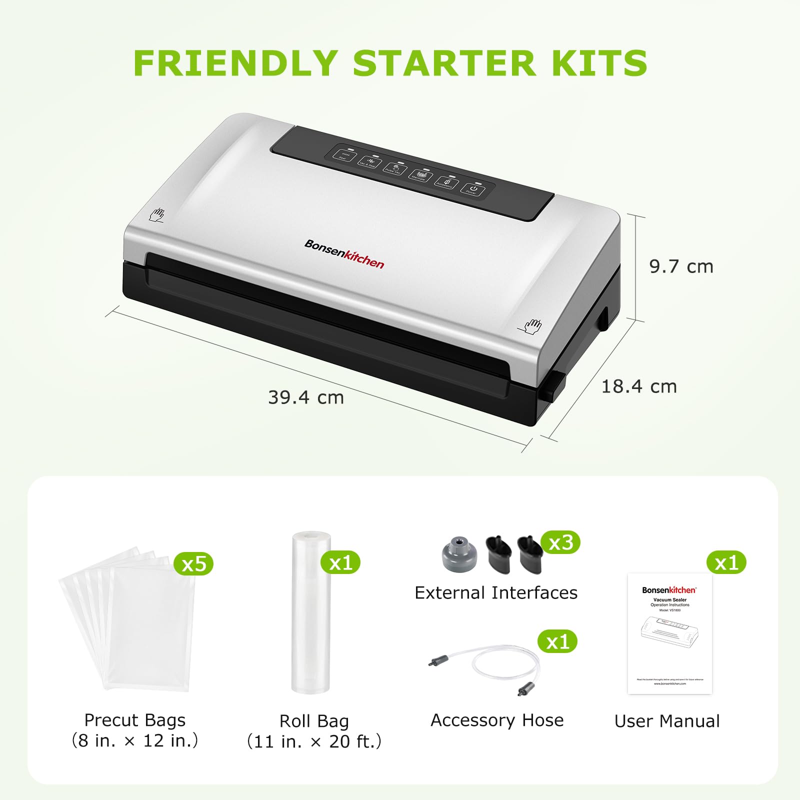 Bonsenkitchen Vacuum Sealer Machine, Built-in Cutter | Bag Storage, Multifunctional Food Sealer for Sous Vide & Meal Prep, 1 Roll Bag & 5 Pre-Cut Bags, Silver