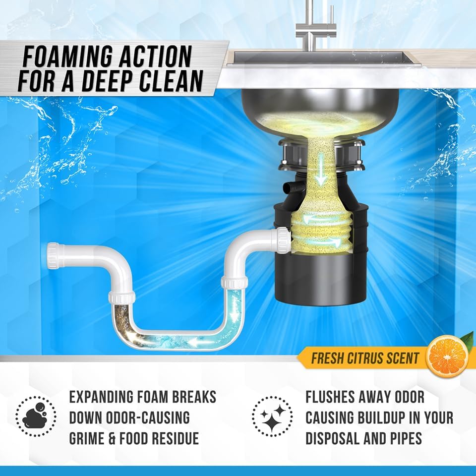 Powerful Garbage Disposal Cleaner Tablets by Fresh Citrus - 24 Pack XL Foaming Deodorizer for Kitchen Drain Care