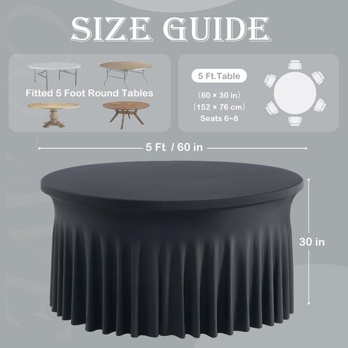 6 Pack Black Round Spandex Tablecloths for 60 inch Tables, Wrinkle Free Stretchy 120 inch Fitted Round Table Cloths Cover with Elegant Skirt for Wedding Birthday Parties Banquet