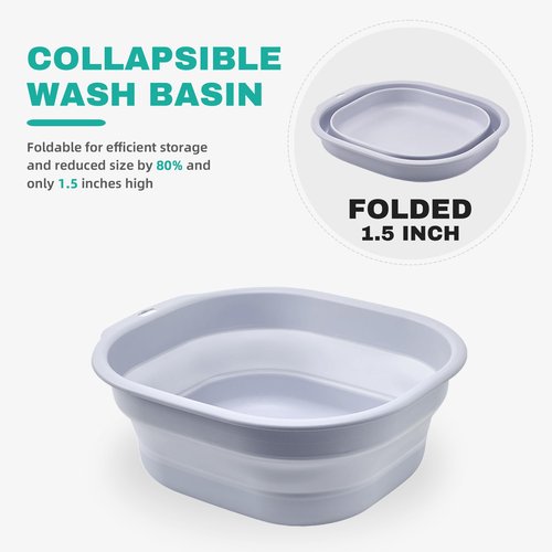 Bellglee 2 Pack Collapsible Wash Basin Set, Foldable Dish Tub, Small Medium Portable Sink for Kitchen, Camping, RV, Baby Bottles, Laundry, Plastic Washbasin -Gray