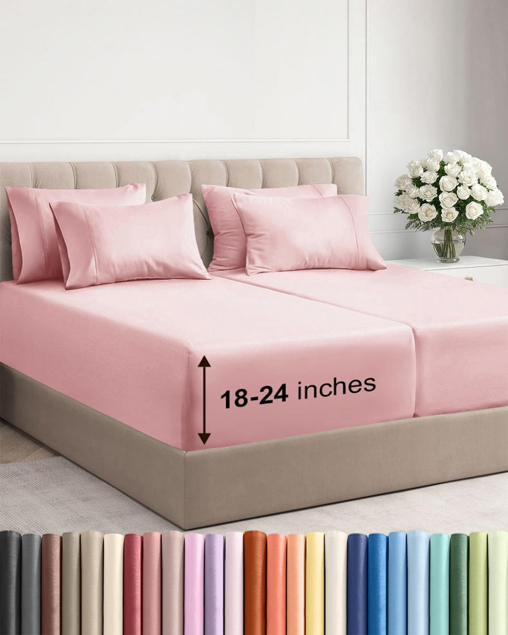 Skiennix Extra Deep Split King Sheet Set - 7 Piece Breathable Cooling Bedding - Soft Wrinkle-Free Baby Pink