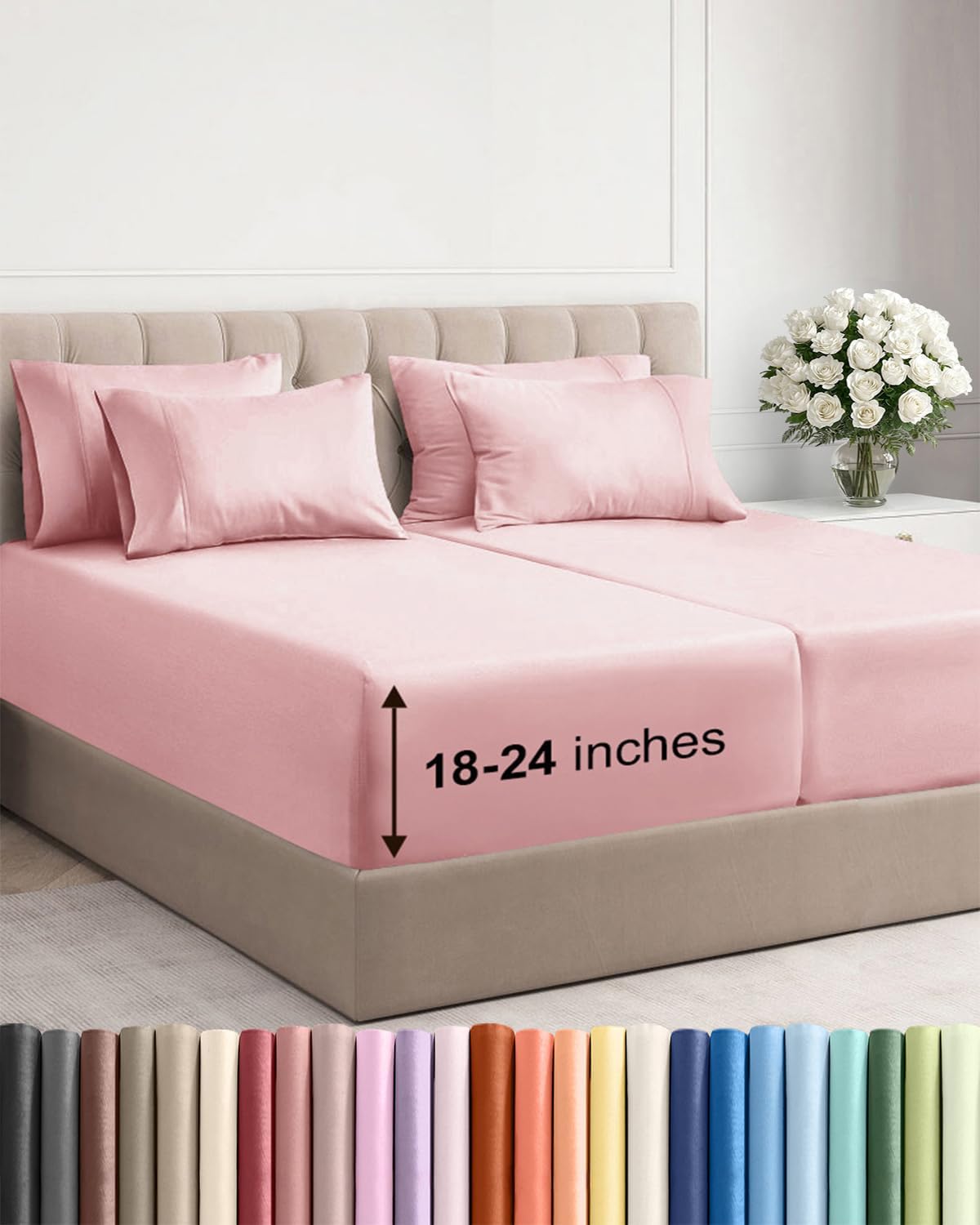 Skiennix Extra Deep Split King Sheet Set - 7 Piece Breathable Cooling Bedding - Soft Wrinkle-Free Baby Pink