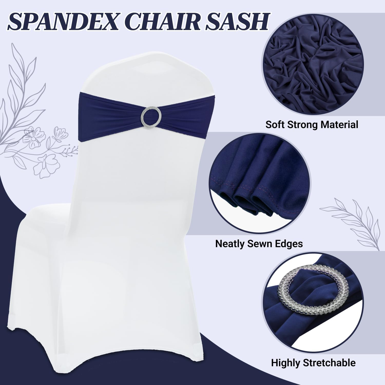 MDS Spandex Chair Sashes - Universal Elastic Stretch Bands with Buckle Slider | Pack of 150 - Navy Blue