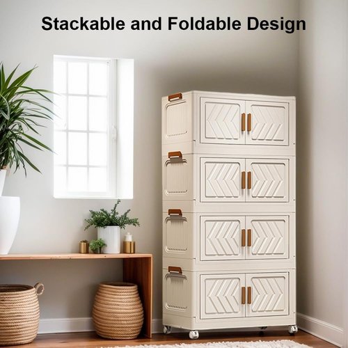 ETOYA 4-Tier Stackable Storage Bins - Collapsible Organizer with Lids & Wheels | 14.96"x10.24"x35.43" Plastic Container for Home & Office