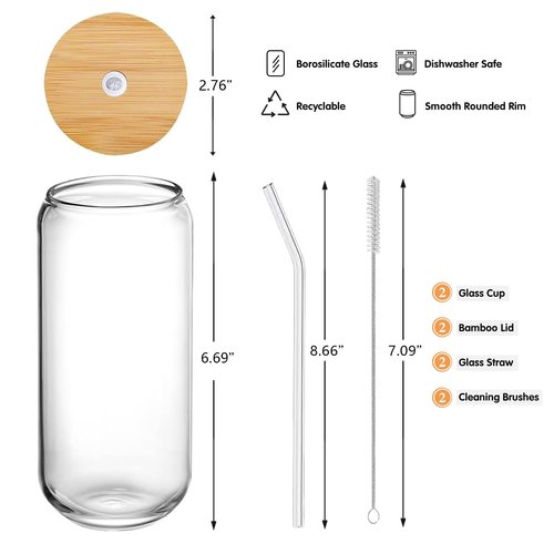 DAMCONME Glass Cups with Lids and Straws Set of 2 - Iced Coffee Cups with Lids for Cold Brew and Beer, 20 oz Can Shaped Glass with Bamboo Lids and Straws - Aesthetic Coffee Bar Gift for Coffee Lovers