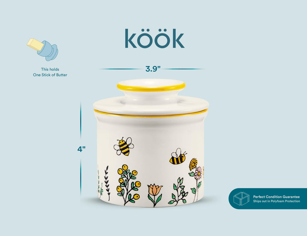Kook Butter Keeper Dish, French Ceramic Crock with Lid, Embossed Container, For Soft Butter, (Meadow)
