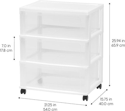 IRIS USA Rolling Drawer Storage Organizer Cart - 3 Spacious Drawers with Wheels | White for Crafts & More