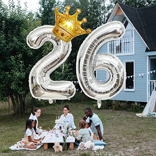 32 Inch Silver Number 26 Foil Balloon with Mini Crown for Birthday Party