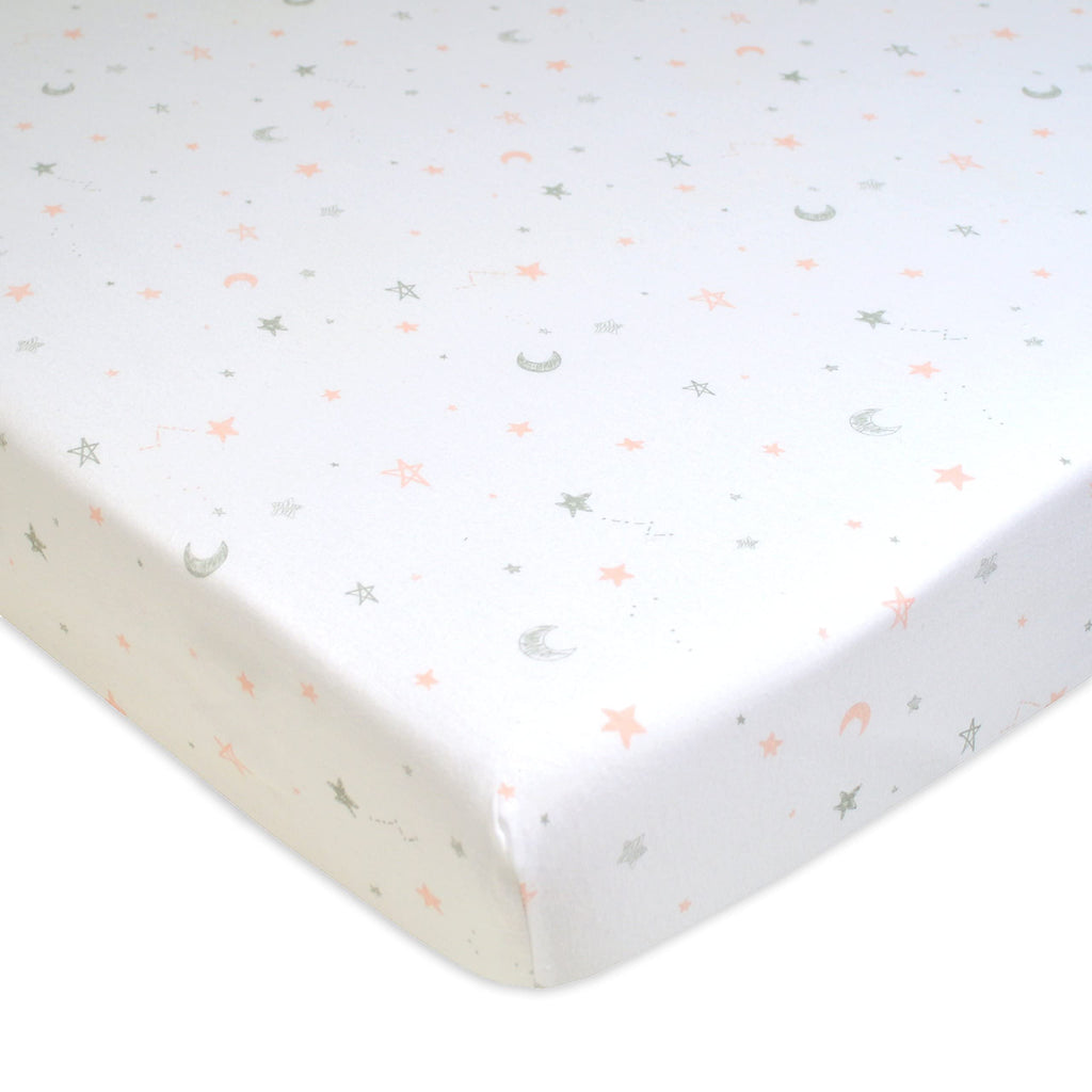 American Baby Company 3 Pack 100% Natural Cotton Fitted Pack and Play Sheets 39" x 27" - Soft & Breathable Pack N Play Sheets for Playard & Mini Crib Mattress, Pink Star/Zigzag, for Boys & Girls