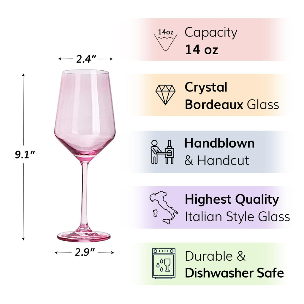 Pink Wine Glasses Stemware Collection, 6-Pack, 14oz, Blush Hue, Elegant Tall Stems, Distinctive Gift, Vibrant Glass Set, Chic Tableware, Rosy Tint, Celebration Ready, Stylish Drinkware, Festive Charm