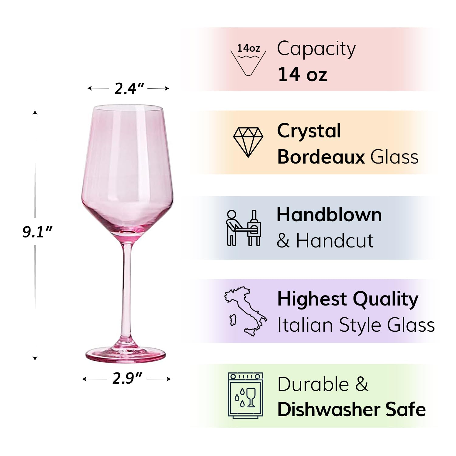 Pink Wine Glasses Stemware Collection, 6-Pack, 14oz, Blush Hue, Elegant Tall Stems, Distinctive Gift, Vibrant Glass Set, Chic Tableware, Rosy Tint, Celebration Ready, Stylish Drinkware, Festive Charm