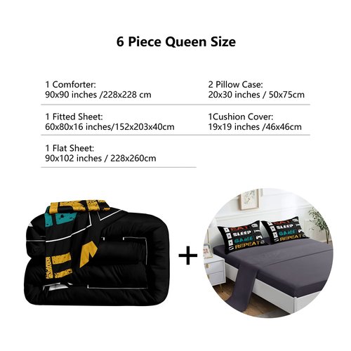 ROWADALO 6 Pieces Gaming Bedding Set for Boys Gamer Comforter Set Queen Size,Game Controller Comforter for Boys Kids Teen 3D Gamepad Microfiber Bedding Sets 6 Pieces Bed in A Bag Sets H5008,Queen