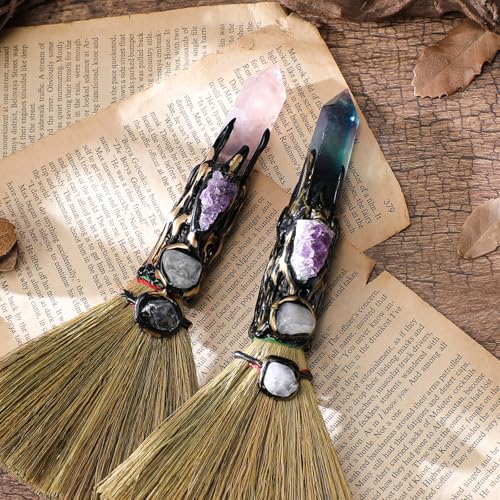 RENEMEGO Fluorite Witchcraft Broom - Wiccan Decor with Healing Crystals