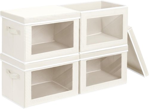 Homsorout Storage Bins - 4 Pack Large Fabric Organizers with Lids & Handles | Beige for Clothes & Towels