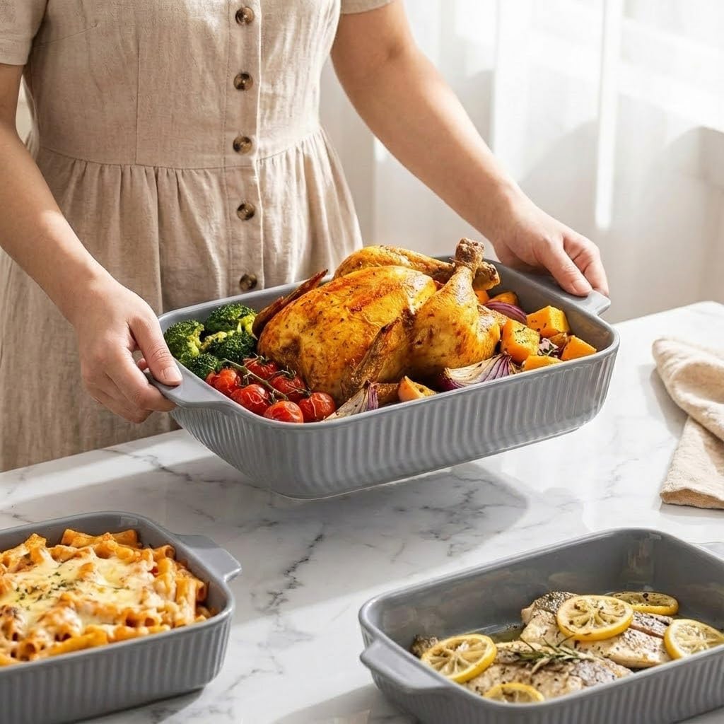 Yachi Ceramic Casserole Dishes Set - 3-Piece Rectangular Bakeware with Handles | Microwave & Dishwasher Safe, Gray (14.8''/12.7''/9.8'')