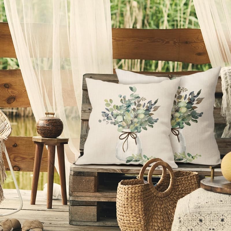 Eucalyptus Leaf Pillow Covers Set of 2 | 16x16 Inch Sage Green
