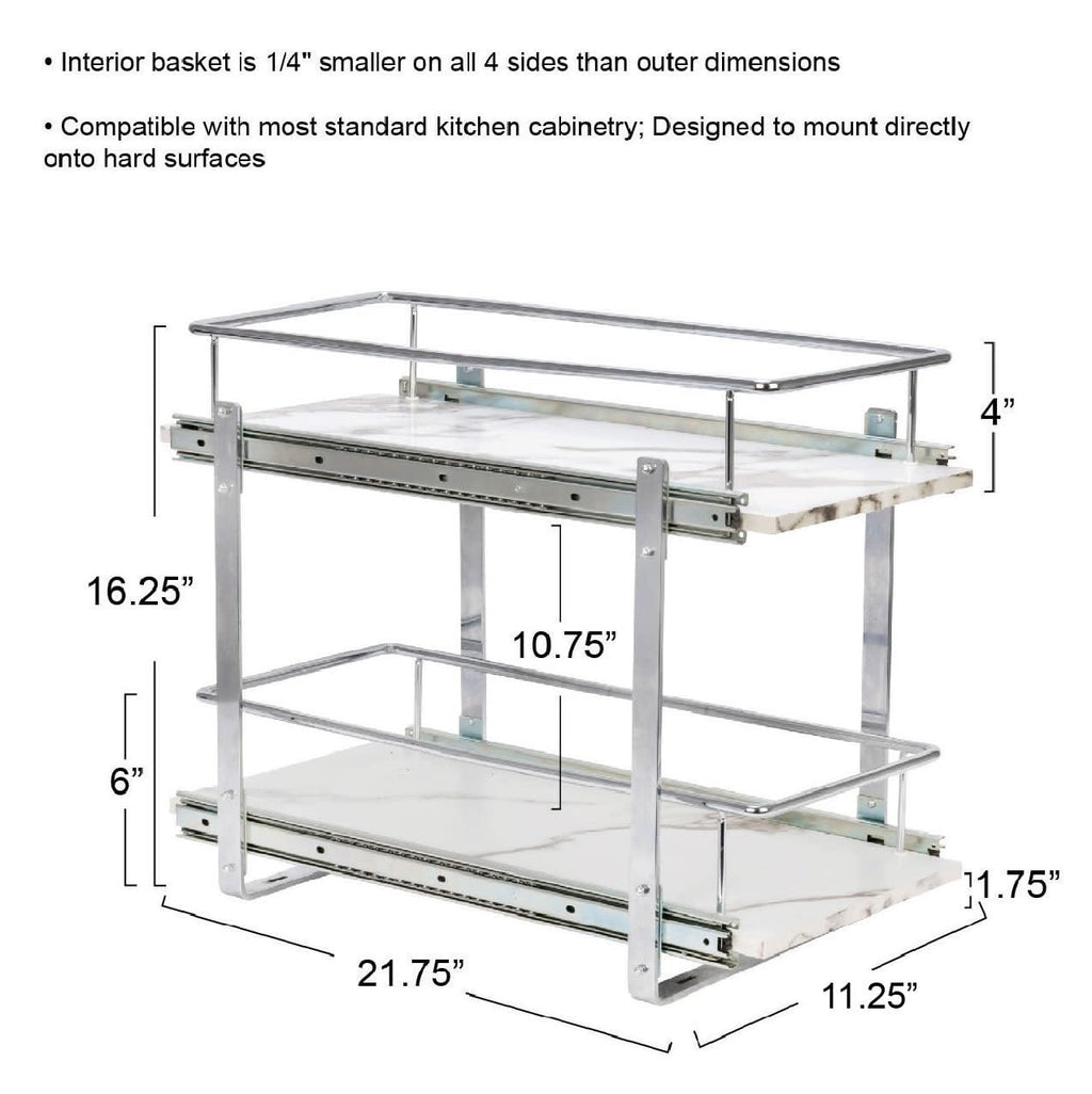 Household Essentials Glidez Chrome-Plated Steel and Faux Marble 2-Tier Pull-Out/Slide-Out Storage Organizer, 11.25" Wide, White and Chrome