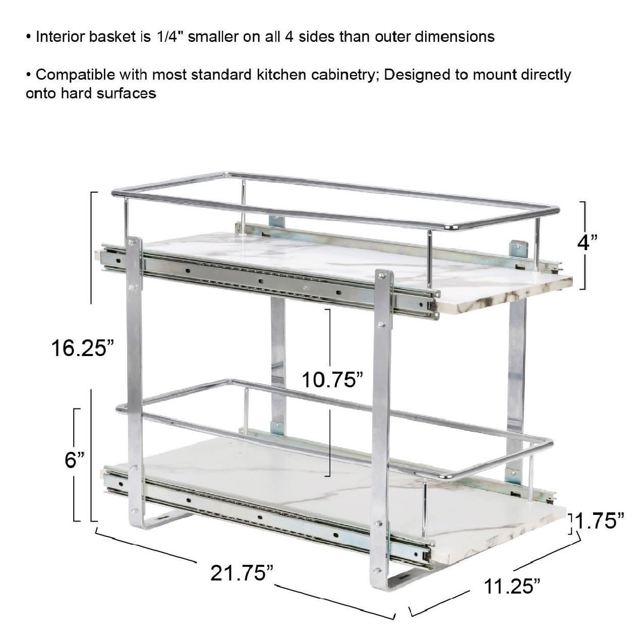 Household Essentials Glidez Chrome-Plated Steel and Faux Marble 2-Tier Pull-Out/Slide-Out Storage Organizer, 11.25" Wide, White and Chrome