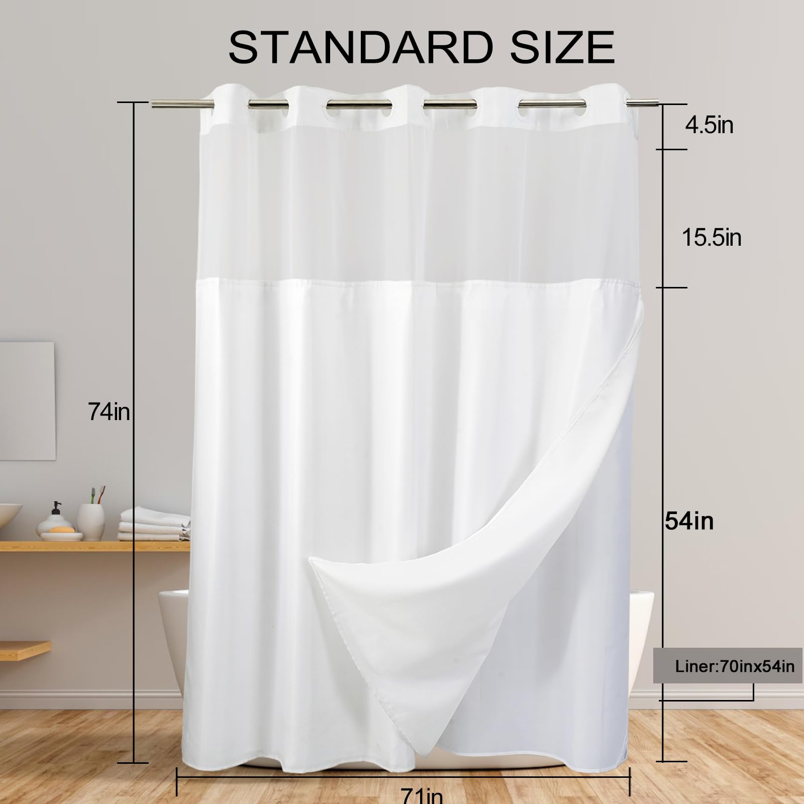 SSCRCUSLY No Hook Shower Curtain with Snap in Fabric Liner Set, White Chevron Hotel Style Bathroom Curtain, Washable and Water Repellent, 71x74 Inches