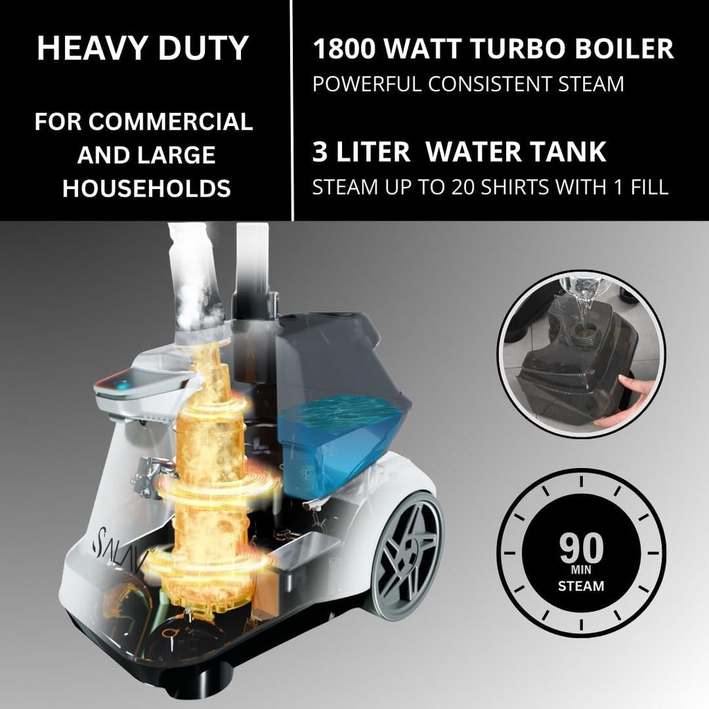 SALAV Heavy Duty Garment Steamer - 1800W Full-Size with 3L Water Tank & 90+ Min Continuous Steam | White