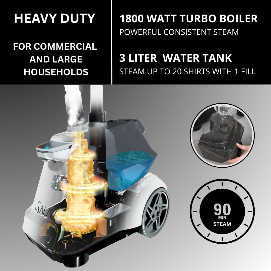 SALAV Heavy Duty Garment Steamer - 1800W Full-Size with 3L Water Tank & 90+ Min Continuous Steam | White