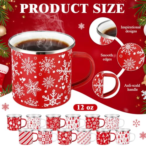 Christmas Enamel Mugs Set - 48 Red and White Holiday Drinkware - Bulk Festive Cups