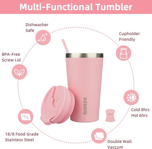 BJPKPK 18oz Insulated Stainless Steel Travel Coffee Mug - Light Pink with Lid & Straw