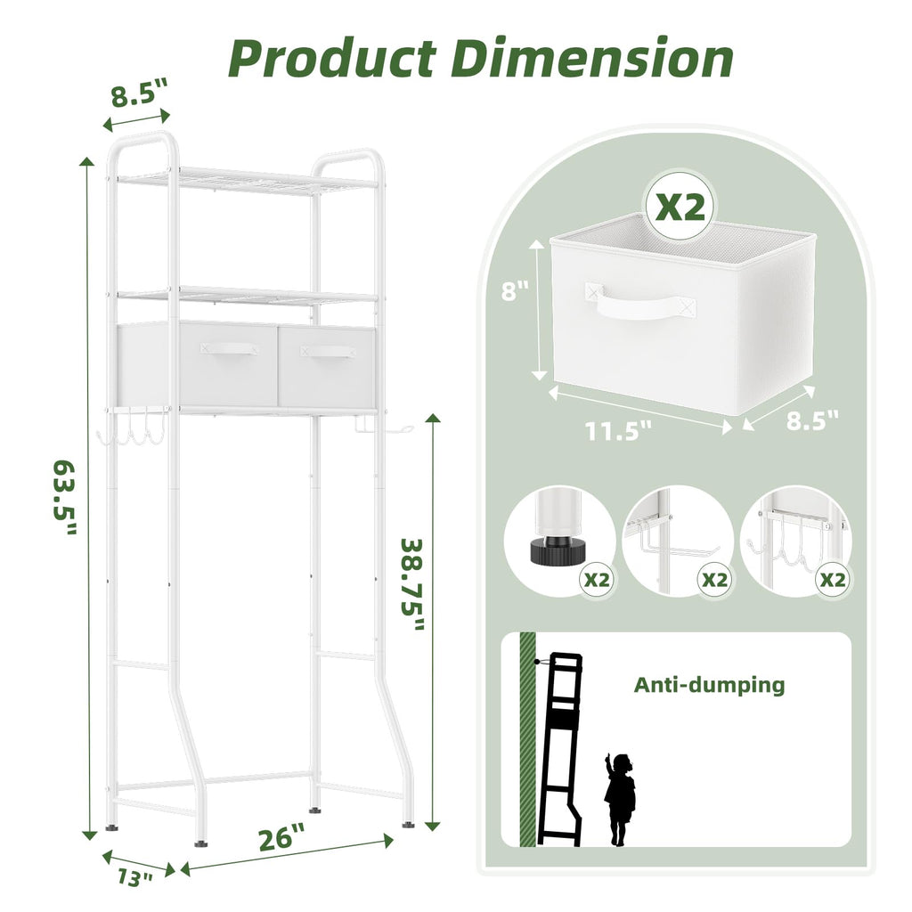 Simple Trending Over The Toilet Storage Rack with Drawers, Metal 3 Tier Bathroom Organizer Shelf with Paper Holder and 3 Hooks, White