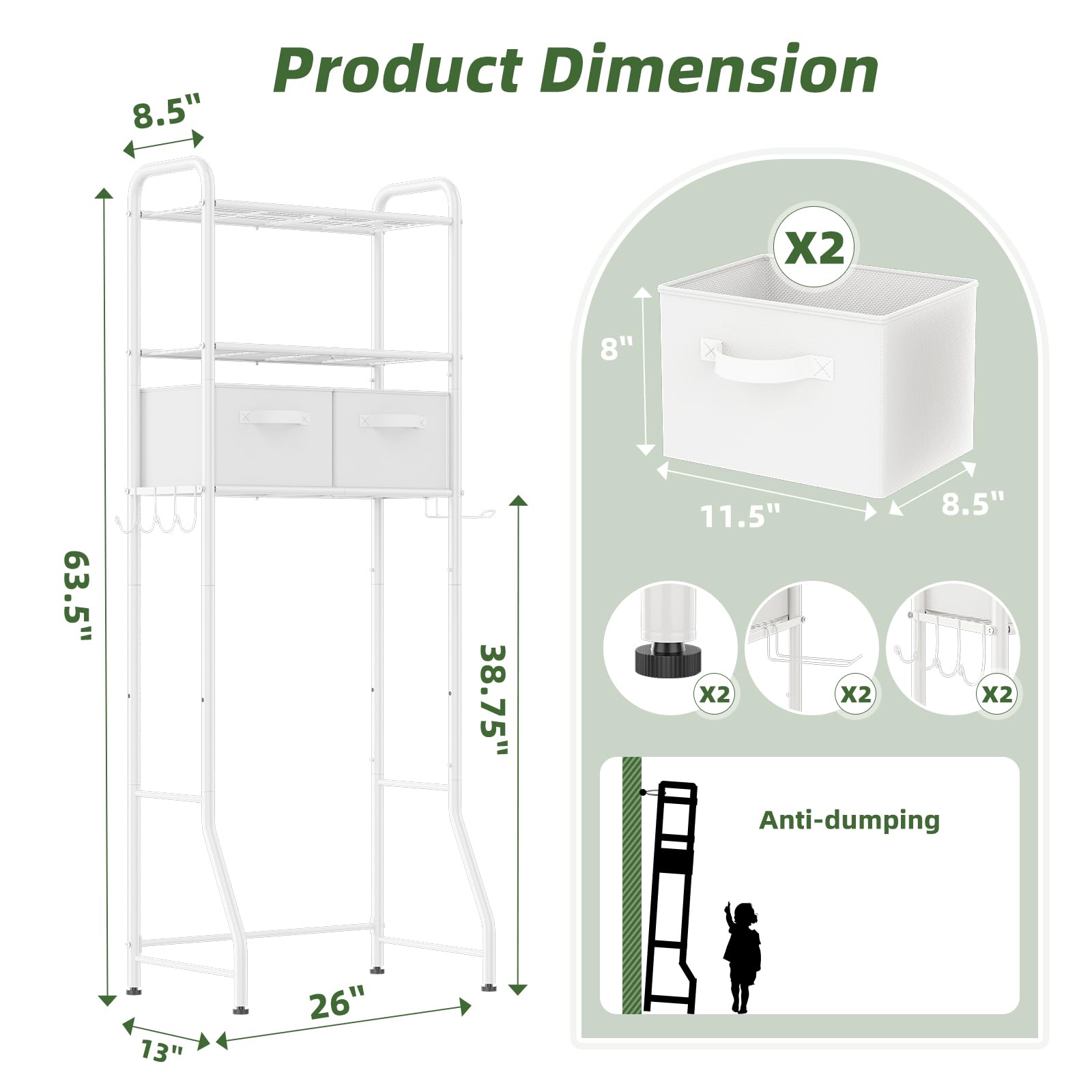Simple Trending Over The Toilet Storage Rack with Drawers, Metal 3 Tier Bathroom Organizer Shelf with Paper Holder and 3 Hooks, White
