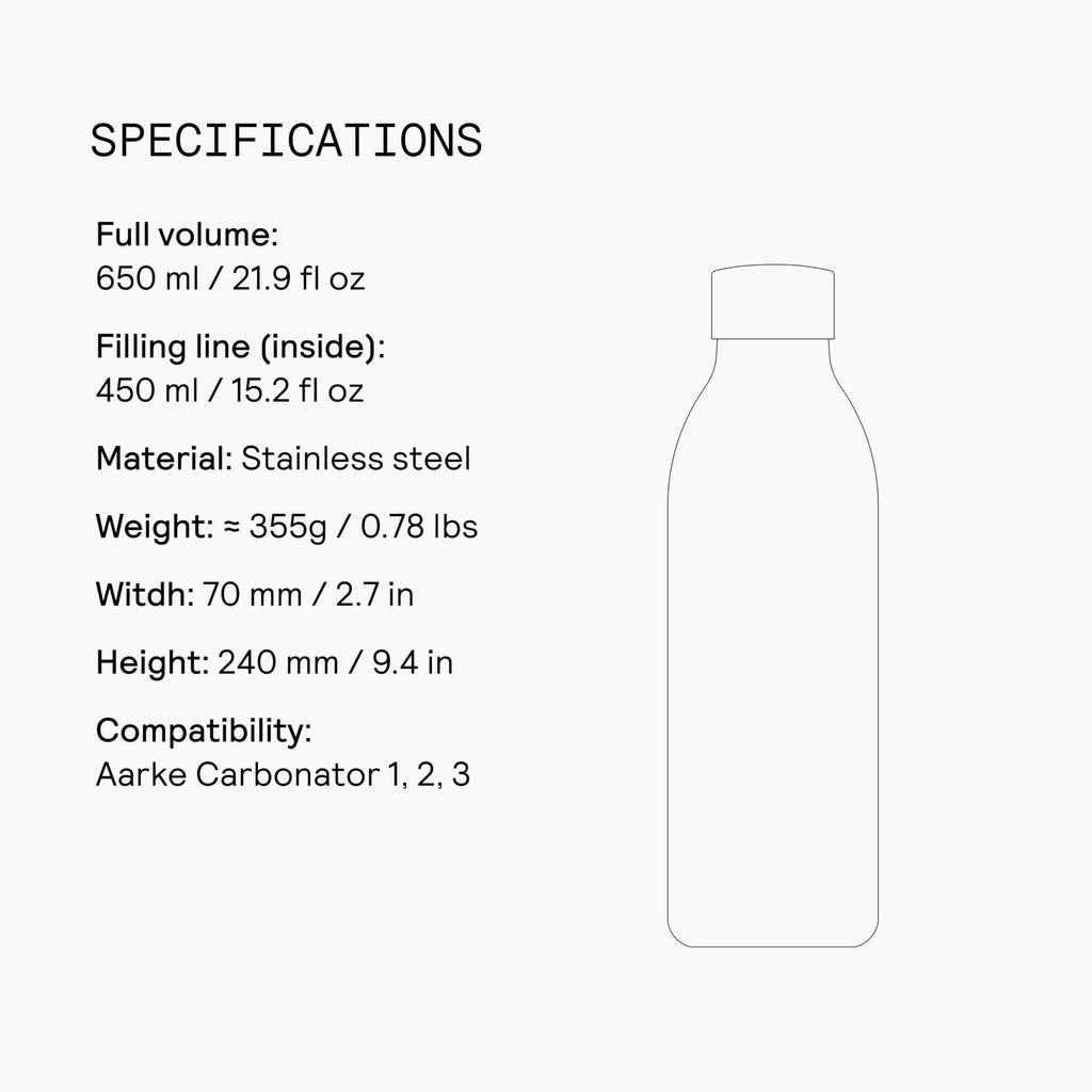 aarke To-Go Bottle - Stainless Steel Insulated Travel Water Bottle with Lid, Reusable 24 Hour Carbonation, Compatible with Only Carbonator 3, 650 mL/22 fl oz