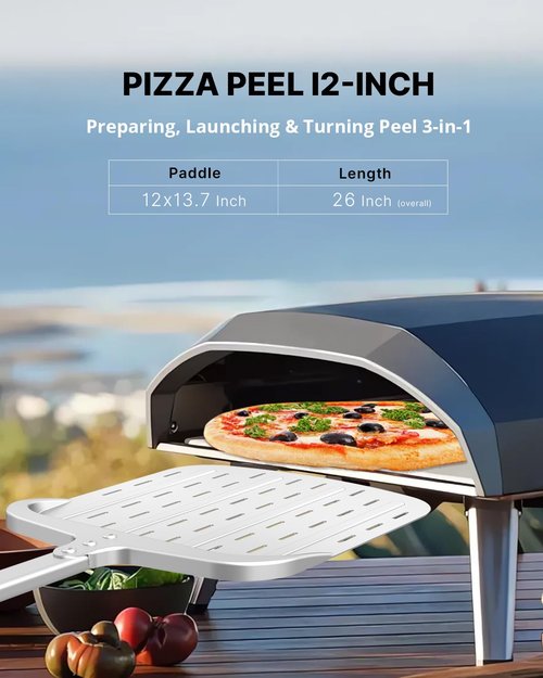 Perforated Aluminum Pizza Peel 12 inch, Nonstick Pizza Paddle (12x13.7'') with Heat-resistant Handle, Detachable and Lightweight Pizza Spatula, 12'' Pizza Turning Peel, Pizza Oven Accessories