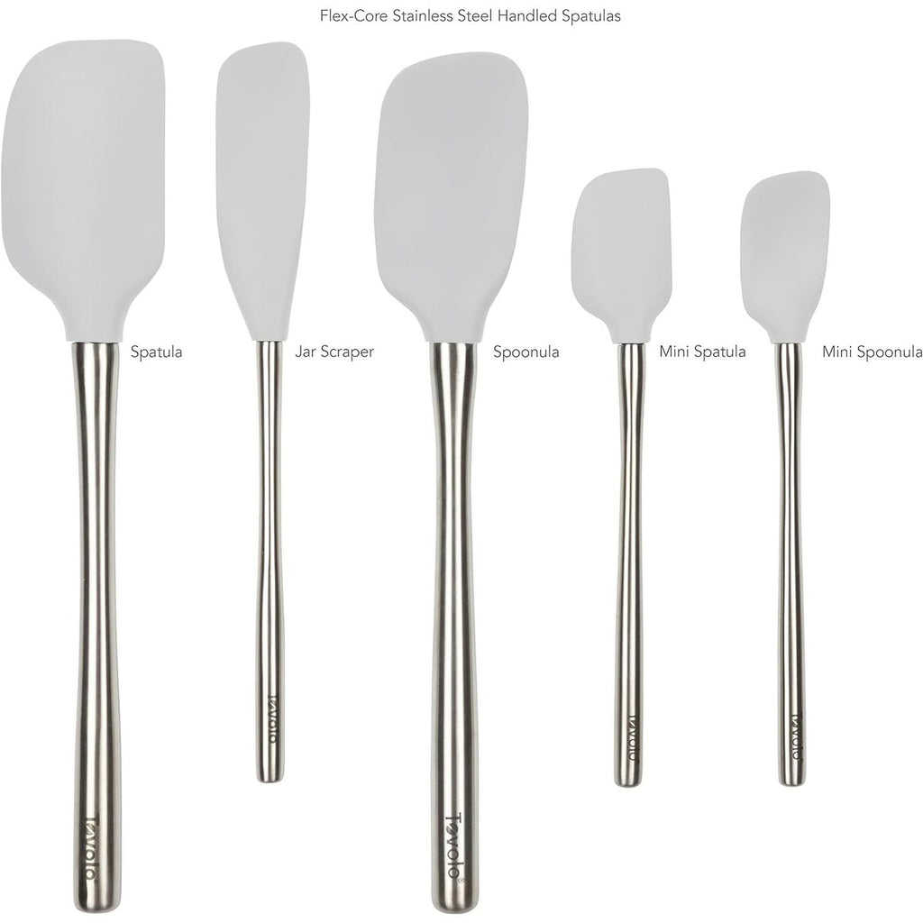 Tovolo Stainless Steel Handled Silicone Spatula Set of 5 Oyster Gray, Dishwasher Safe Kitchen Spatula Set for Cooking Baking, Non Toxic BPA Free Silicone Spatula set with Metal Steel Handle